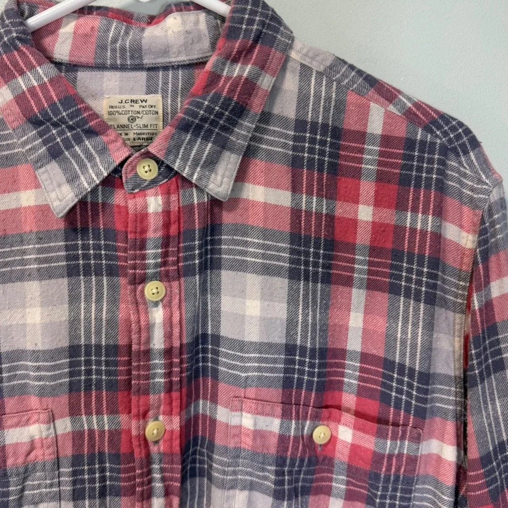 J Crew Slim Fit Flannel Shirt Mens Large Red Blue Plaid Cotton 92937 Cabincore